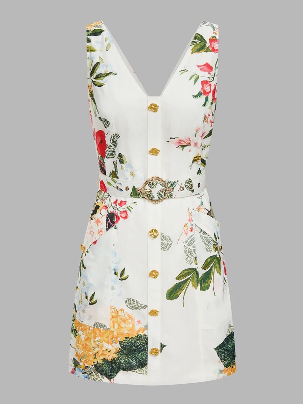 Commense Floral Linen Look Mini Dress with Belt Gold Buttons Size Small NWT